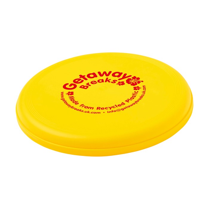 Frisbee redondo de plástico reciclado con acabado moteado color amarillo vista impresión serigrafía