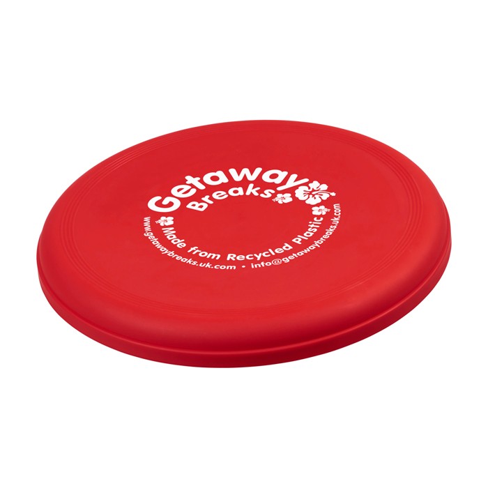 Frisbee redondo de plástico reciclado con acabado moteado color rojo vista impresión serigrafía