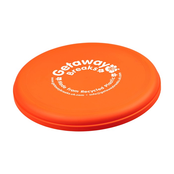 Frisbee redondo de plástico reciclado con acabado moteado color naranja vista impresión serigrafía