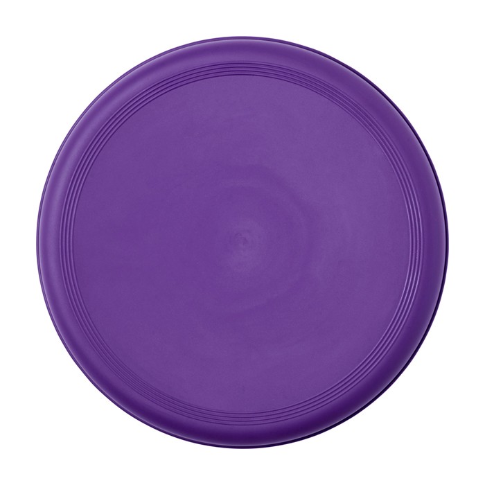 Frisbee redondo de plástico reciclado con acabado moteado color morado segunda vista frontal