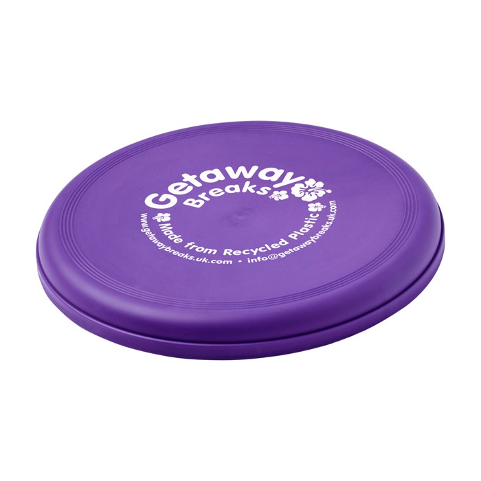 Frisbee redondo de plástico reciclado con acabado moteado color morado vista impresión serigrafía