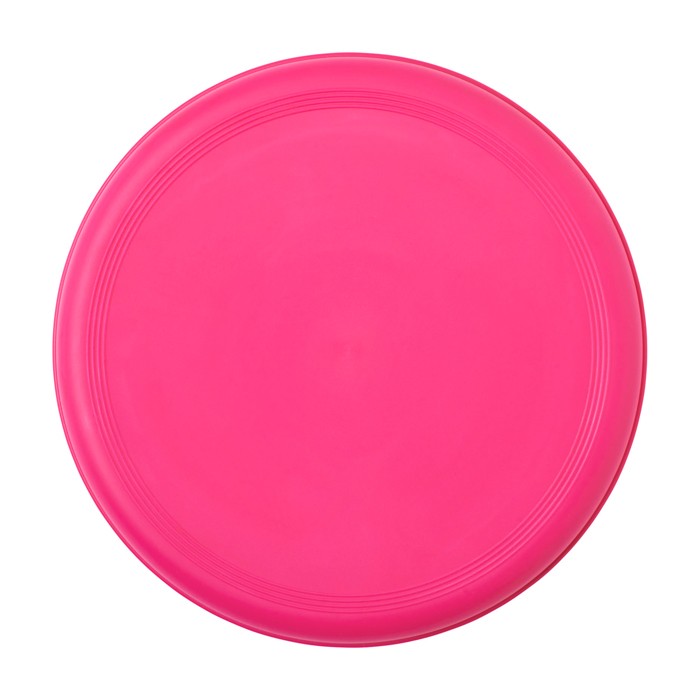Frisbee redondo de plástico reciclado con acabado moteado color fucsia segunda vista frontal