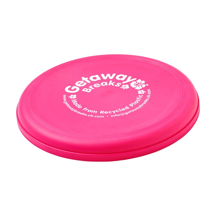 Frisbee redondo de plástico reciclado con acabado moteado color fucsia vista impresión serigrafía