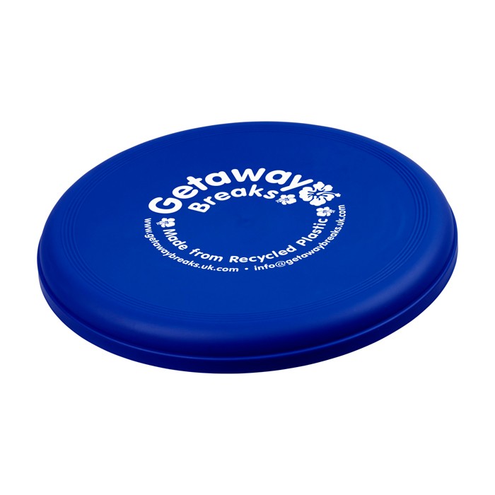 Frisbee redondo de plástico reciclado con acabado moteado color azul vista impresión serigrafía