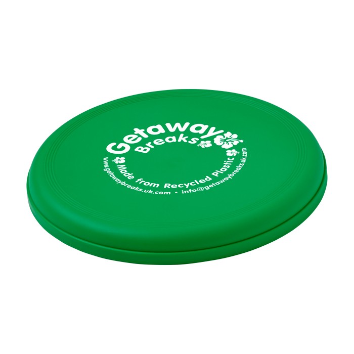 Frisbee redondo de plástico reciclado con acabado moteado color verde vista impresión serigrafía