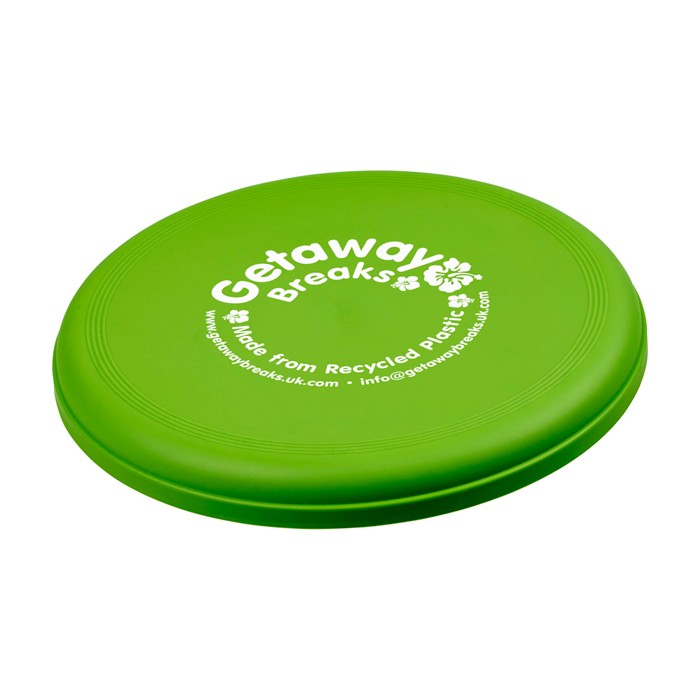 Frisbee redondo de plástico reciclado con acabado moteado color verde lima vista impresión serigrafía