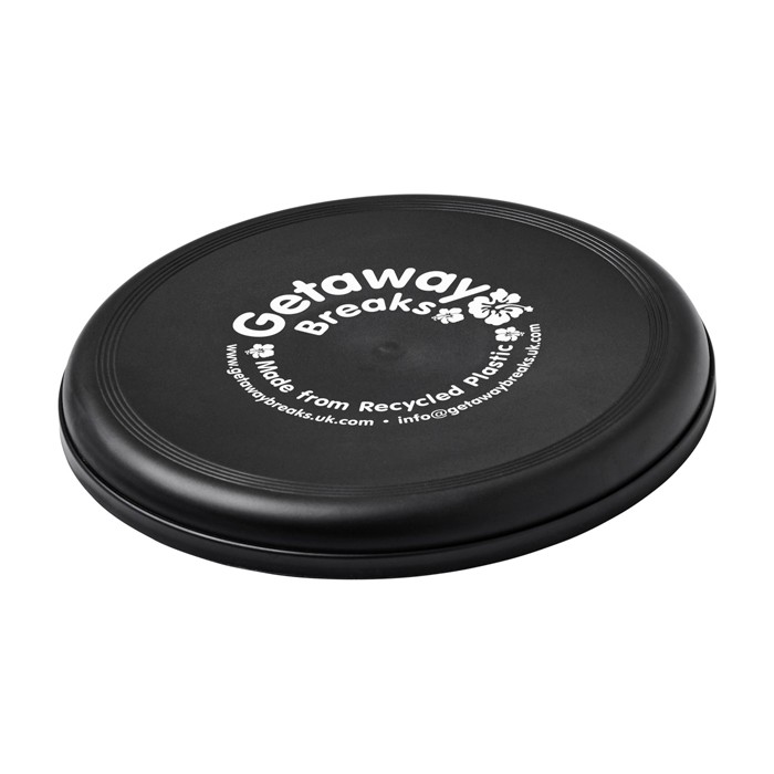 Frisbee redondo de plástico reciclado con acabado moteado color negro vista impresión serigrafía