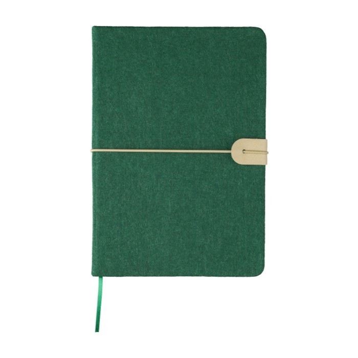 Libreta de fieltro reciclado con cierre elástico hojas a rayas A5 color verde primera vista Libreta de fieltro reciclado con cierre elástico hojas a rayas A5 color verde primera vista
