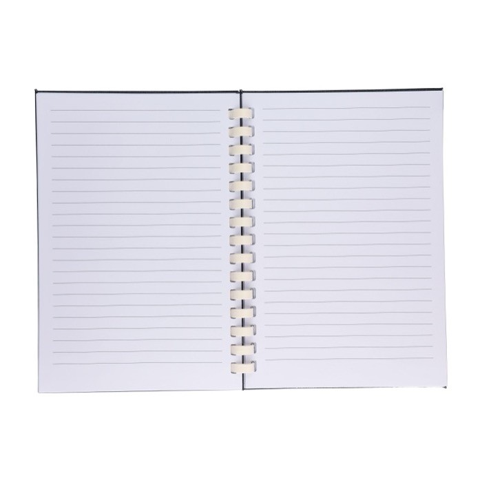 Libreta de RPET con espiral de cartón blanco hojas a rayas A5 cuarta vista Libreta de RPET con espiral de cartón blanco hojas a rayas A5 cuarta vista