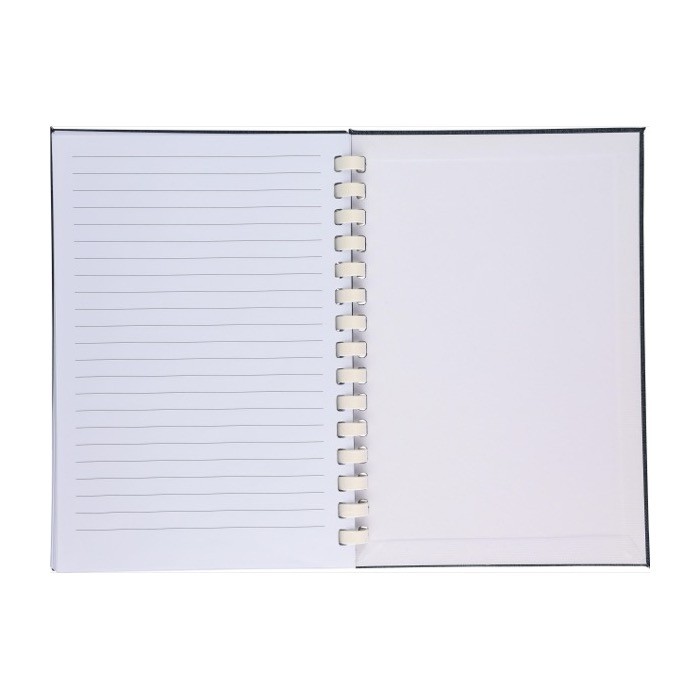 Libreta de RPET con espiral de cartón blanco hojas a rayas A5 sexta vista Libreta de RPET con espiral de cartón blanco hojas a rayas A5 sexta vista