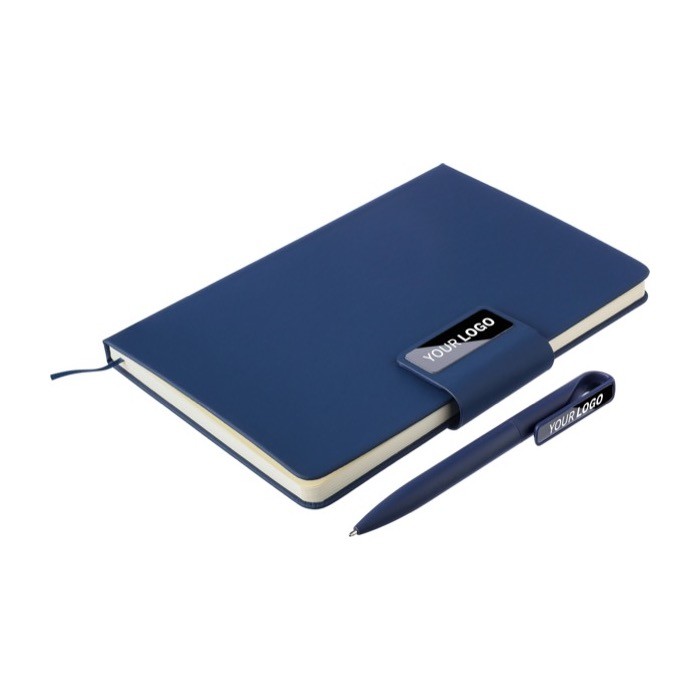 Libreta de PU reciclado con hojas a rayas A5 y bolígrafo tinta azul segunda vista Libreta de PU reciclado con hojas a rayas A5 y bolígrafo tinta azul segunda vista