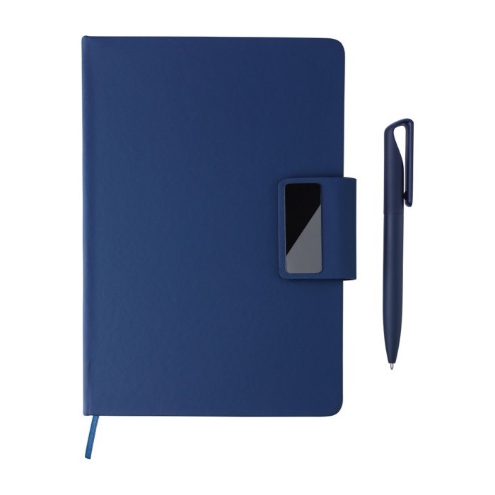 Libreta de PU reciclado con hojas a rayas A5 y bolígrafo tinta azul sexta vista Libreta de PU reciclado con hojas a rayas A5 y bolígrafo tinta azul sexta vista