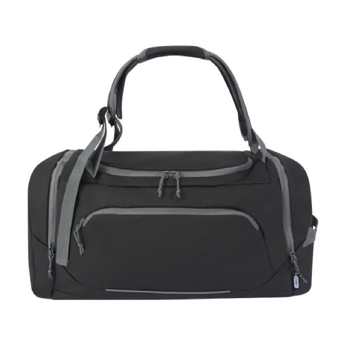 Mochila deportiva reciclada resistente al agua con varios bolsillos color negro segunda vista frontal