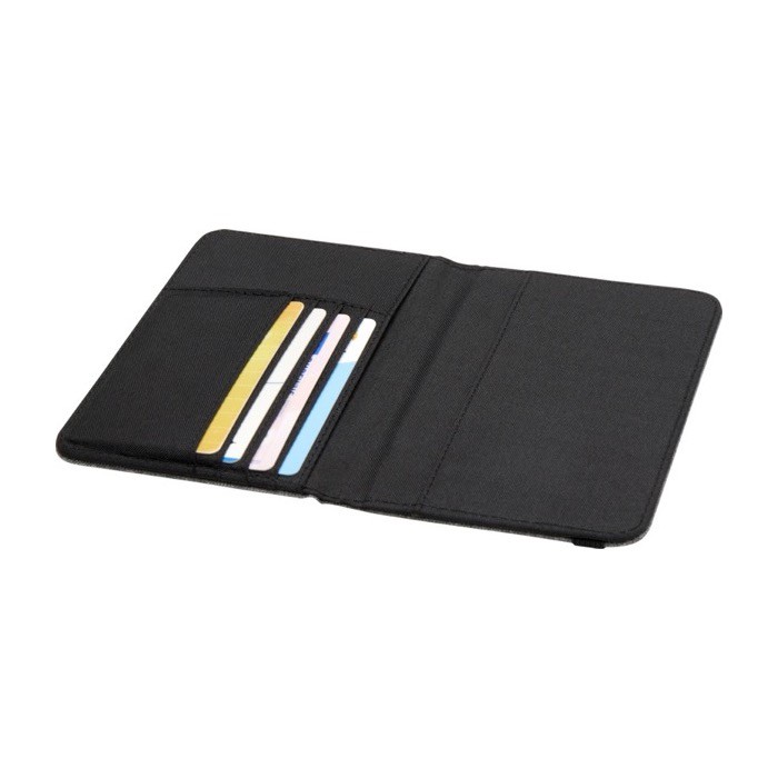 Porta pasaportes RFID de poliéster reciclado con bolsillos especiales color gris jaspeado segunda vista Porta pasaportes RFID de poliéster reciclado con bolsillos especiales color gris jaspeado segunda vista
