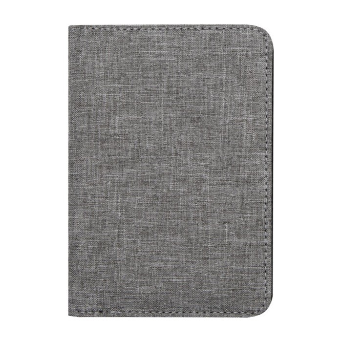 Porta pasaportes RFID de poliéster reciclado con bolsillos especiales color gris jaspeado tercera vista frontal Porta pasaportes RFID de poliéster reciclado con bolsillos especiales color gris jaspeado tercera vista frontal