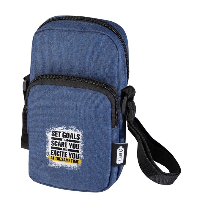 Funda para móvil de poliéster reciclado con correas ajustables color azul marino vista impresión transfer Funda para móvil de poliéster reciclado con correas ajustables color azul marino vista impresión transfer