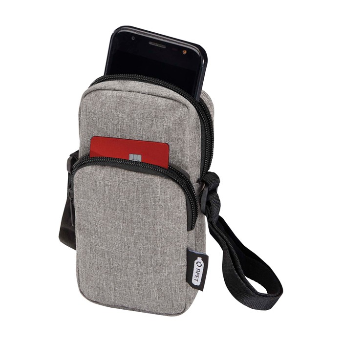 Funda para móvil de poliéster reciclado con correas ajustables color gris jaspeado segunda vista Funda para móvil de poliéster reciclado con correas ajustables color gris jaspeado segunda vista