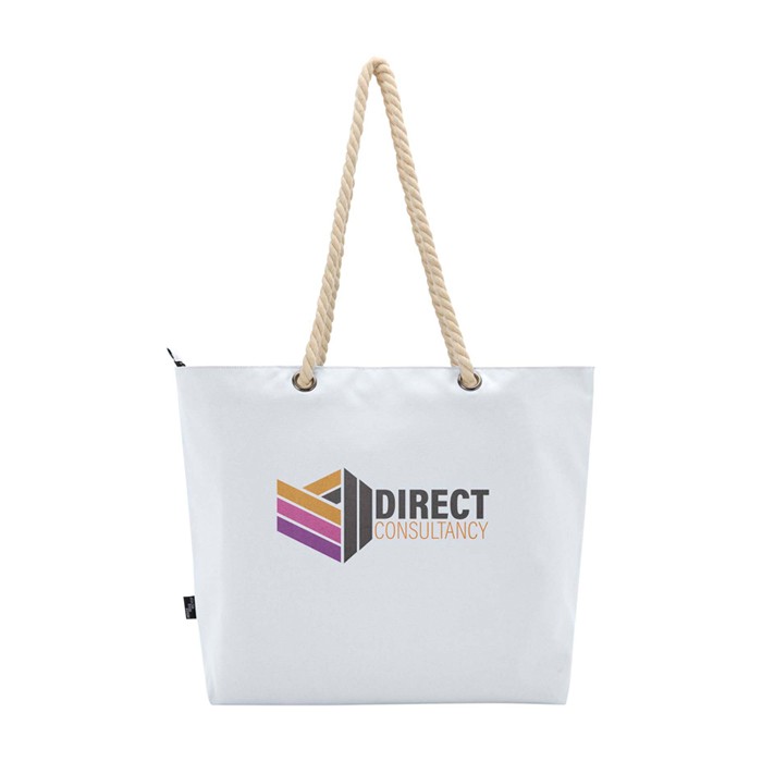 Bolsa de playa de poliéster reciclado con asas de cordón 23L color blanco vista trasera con logo