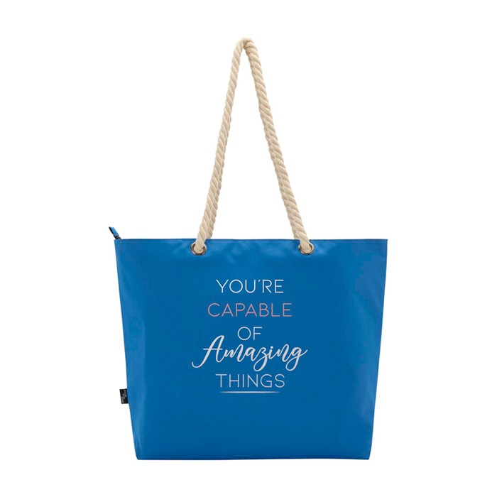 Bolsa de playa de poliéster reciclado con asas de cordón 23L color azul real vista trasera con logo