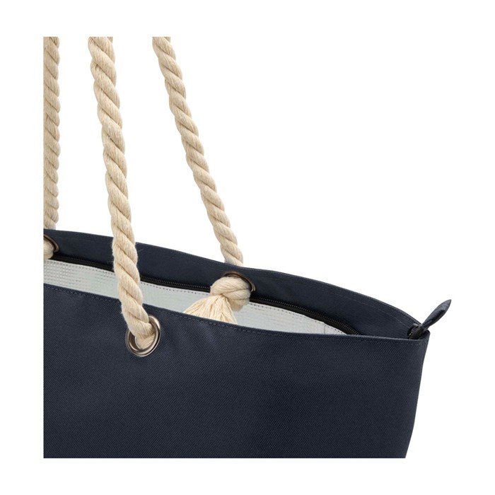 Bolsa de playa de poliéster reciclado con asas de cordón 23L color azul marino vista detalle 1