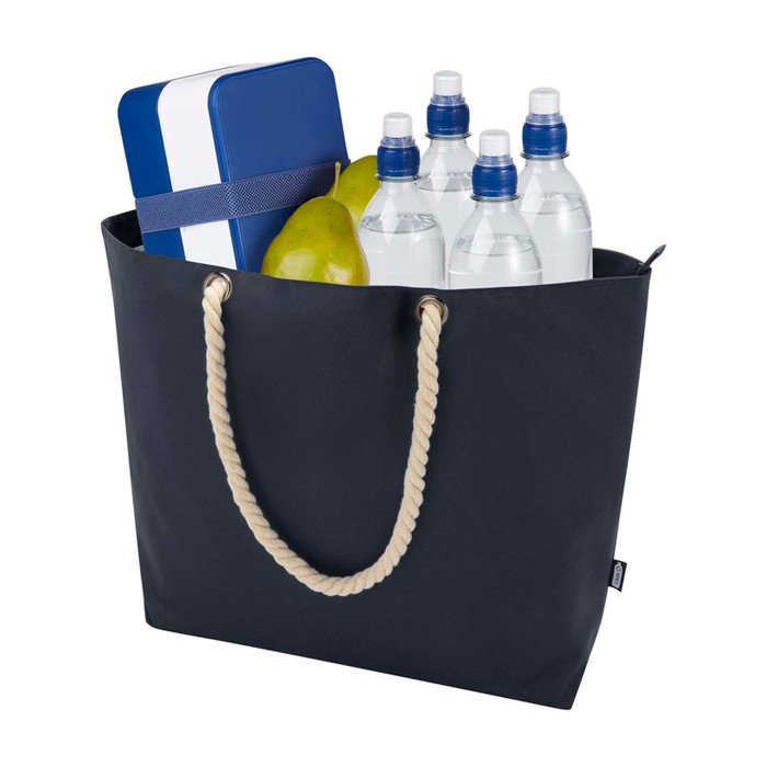 Bolsa de playa de poliéster reciclado con asas de cordón 23L color azul marino tercera vista