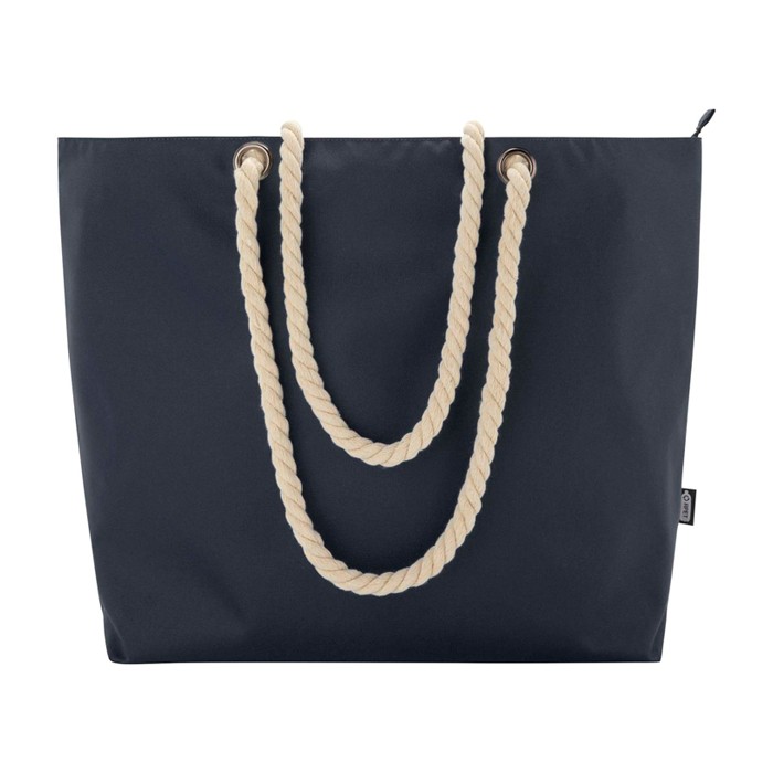 Bolsa de playa de poliéster reciclado con asas de cordón 23L color azul marino segunda vista frontal