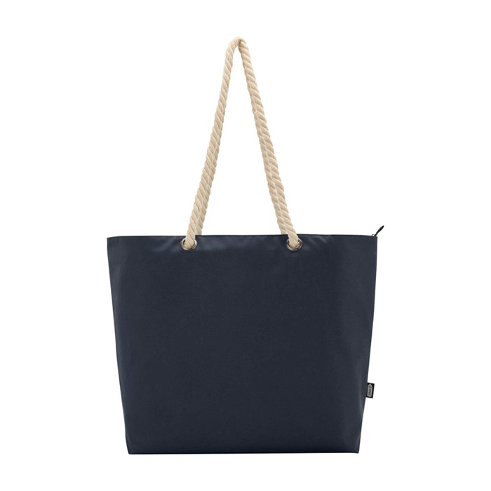 Bolsa de playa de poliéster reciclado con asas de cordón 23L color azul marino tercera vista frontal