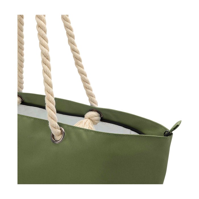 Bolsa de playa de poliéster reciclado con asas de cordón 23L color verde oliva vista detalle 1