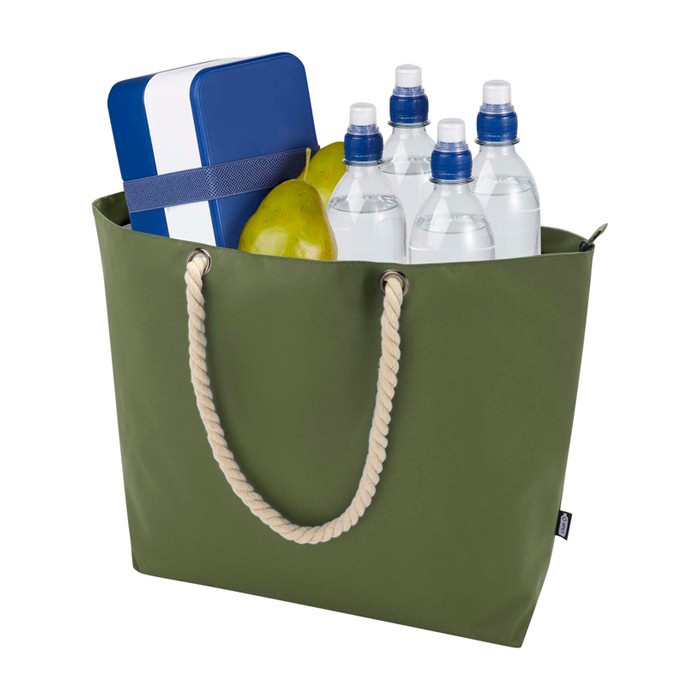 Bolsa de playa de poliéster reciclado con asas de cordón 23L color verde oliva tercera vista