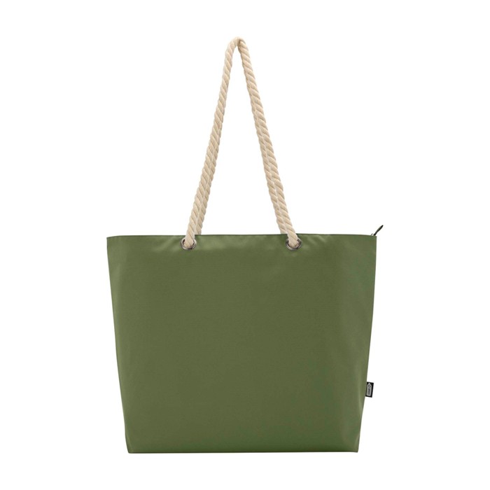 Bolsa de playa de poliéster reciclado con asas de cordón 23L color verde oliva tercera vista frontal