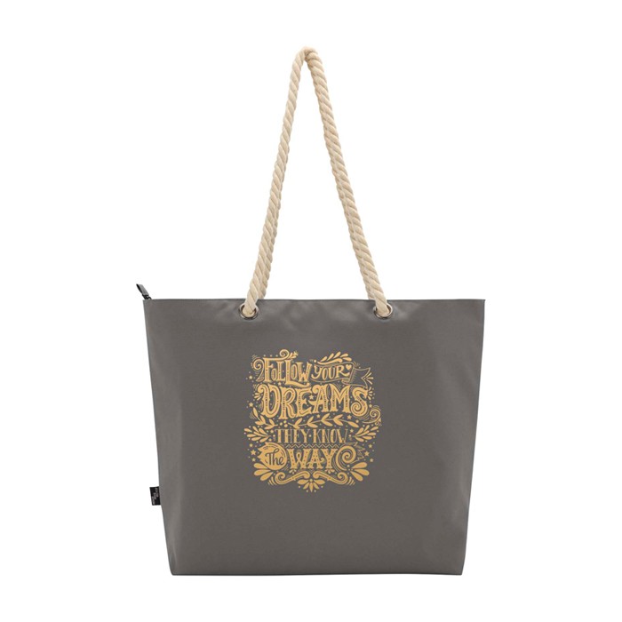 Bolsa de playa de poliéster reciclado con asas de cordón 23L color gris vista trasera con logo