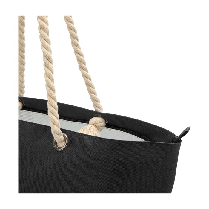 Bolsa de playa de poliéster reciclado con asas de cordón 23L color negro vista detalle 1