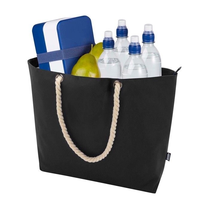 Bolsa de playa de poliéster reciclado con asas de cordón 23L color negro tercera vista