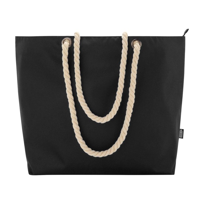 Bolsa de playa de poliéster reciclado con asas de cordón 23L color negro segunda vista frontal