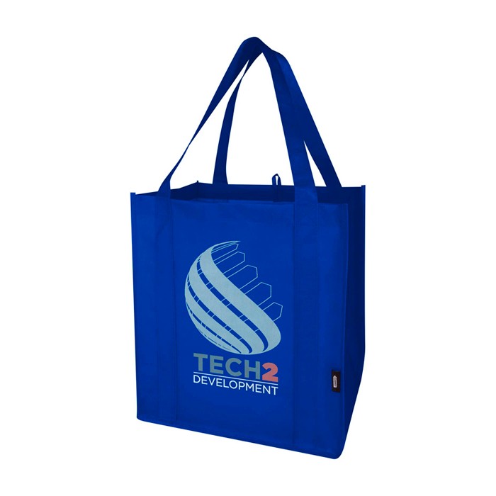 Bolsa multiusos de poliéster reciclado con base de apoyo 29L color azul real vista impresión serigrafía