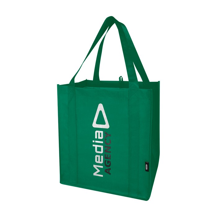 Bolsa multiusos de poliéster reciclado con base de apoyo 29L color verde vista impresión serigrafía