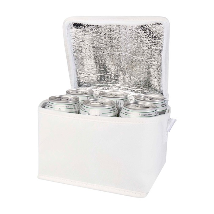Bolsa térmica de non-woven reciclado para 6 latas y capacidad 4L color blanco Bolsa térmica de non-woven reciclado para 6 latas y capacidad 4L color blanco