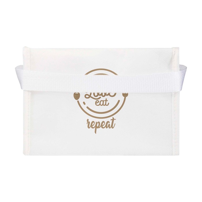 Bolsa térmica de non-woven reciclado para 6 latas y capacidad 4L color blanco vista impresión serigrafía Bolsa térmica de non-woven reciclado para 6 latas y capacidad 4L color blanco vista impresión serigrafía