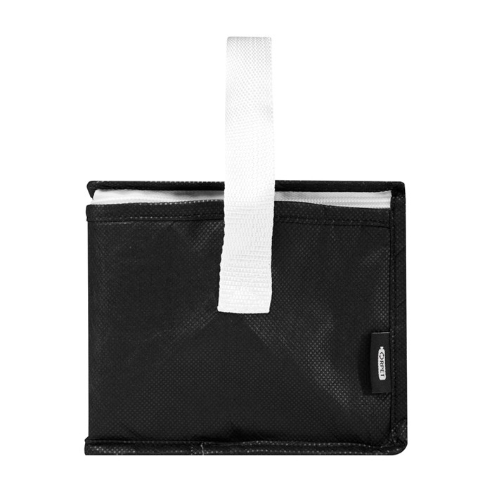 Bolsa térmica de non-woven reciclado para 6 latas y capacidad 4L color negro vista lateral Bolsa térmica de non-woven reciclado para 6 latas y capacidad 4L color negro vista lateral