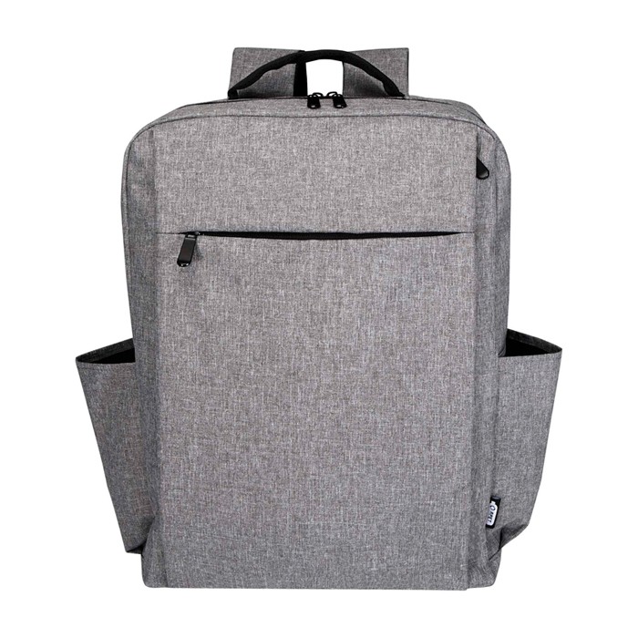 Mochila de poliéster reciclado con compartimento para PC 15” color gris jaspeado segunda vista frontal Mochila de poliéster reciclado con compartimento para PC 15” color gris jaspeado segunda vista frontal