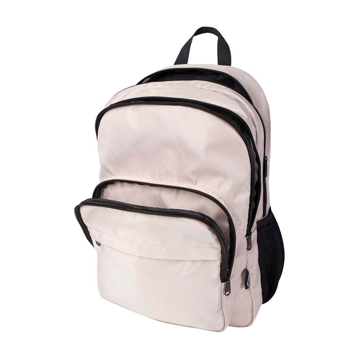 Mochila para portátil de poliéster reciclado con bolsillo PC 15” color marfil tercera vista Mochila para portátil de poliéster reciclado con bolsillo PC 15” color marfil tercera vista