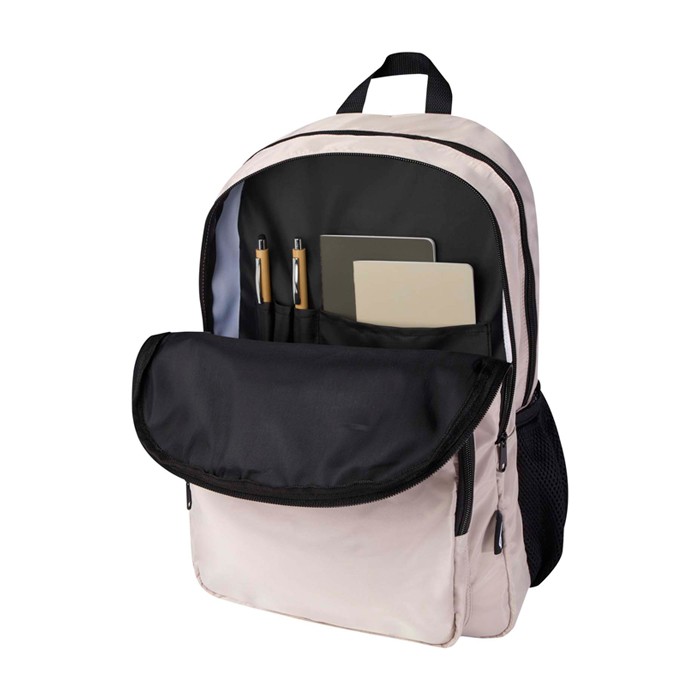 Mochila para portátil de poliéster reciclado con bolsillo PC 15” color marfil cuarta vista Mochila para portátil de poliéster reciclado con bolsillo PC 15” color marfil cuarta vista