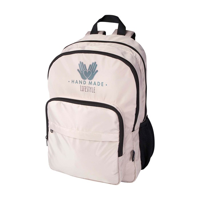 Mochila para portátil de poliéster reciclado con bolsillo PC 15” color marfil vista impresión transfer Mochila para portátil de poliéster reciclado con bolsillo PC 15” color marfil vista impresión transfer