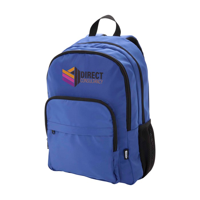 Mochila para portátil de poliéster reciclado con bolsillo PC 15” color azul real vista impresión transfer Mochila para portátil de poliéster reciclado con bolsillo PC 15” color azul real vista impresión transfer