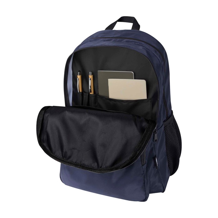 Mochila para portátil de poliéster reciclado con bolsillo PC 15” color azul marino cuarta vista Mochila para portátil de poliéster reciclado con bolsillo PC 15” color azul marino cuarta vista