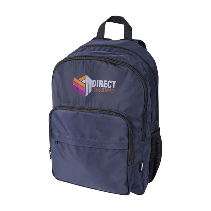 Mochila para portátil de poliéster reciclado con bolsillo PC 15” color azul marino vista impresión transfer Mochila para portátil de poliéster reciclado con bolsillo PC 15” color azul marino vista impresión transfer