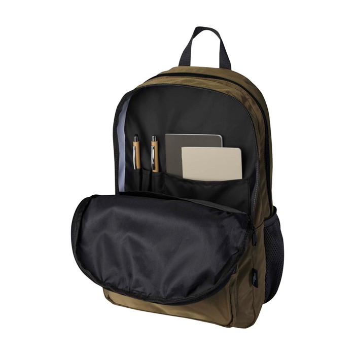 Mochila para portátil de poliéster reciclado con bolsillo PC 15” color verde oscuro cuarta vista Mochila para portátil de poliéster reciclado con bolsillo PC 15” color verde oscuro cuarta vista