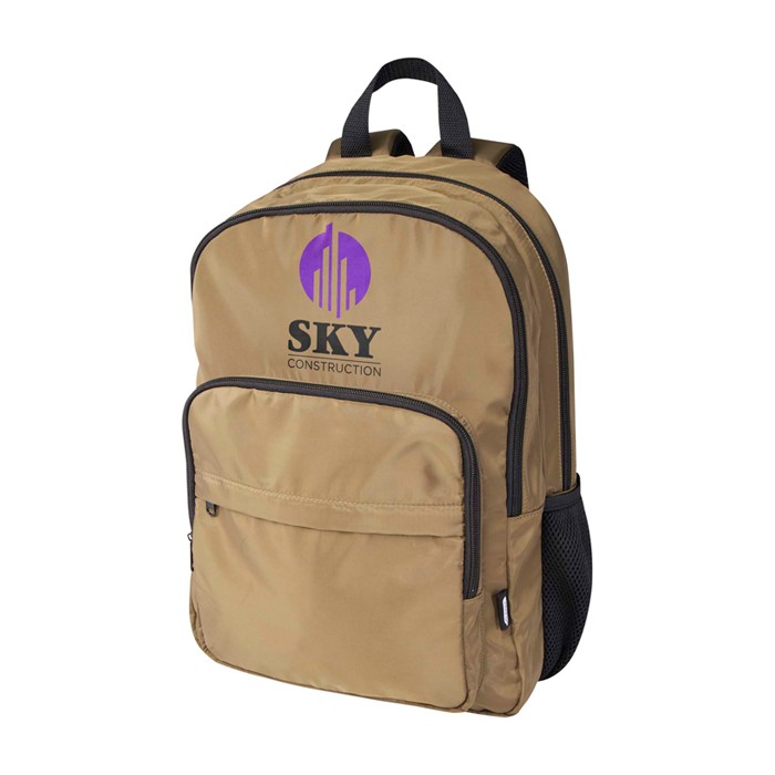 Mochila para portátil de poliéster reciclado con bolsillo PC 15” color verde oscuro vista impresión transfer Mochila para portátil de poliéster reciclado con bolsillo PC 15” color verde oscuro vista impresión transfer