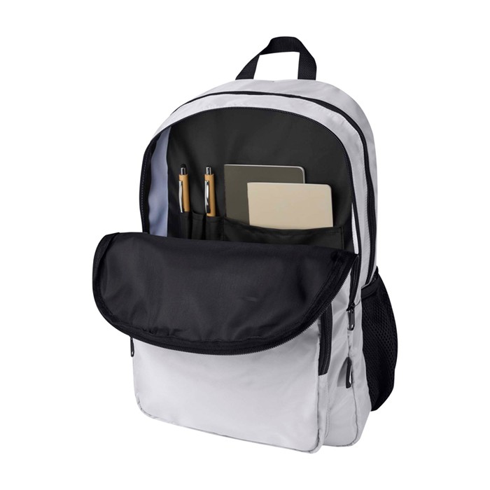 Mochila para portátil de poliéster reciclado con bolsillo PC 15” color gris cuarta vista Mochila para portátil de poliéster reciclado con bolsillo PC 15” color gris cuarta vista