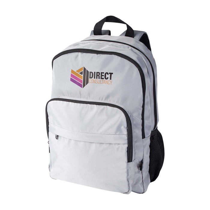 Mochila para portátil de poliéster reciclado con bolsillo PC 15” color gris vista impresión transfer Mochila para portátil de poliéster reciclado con bolsillo PC 15” color gris vista impresión transfer